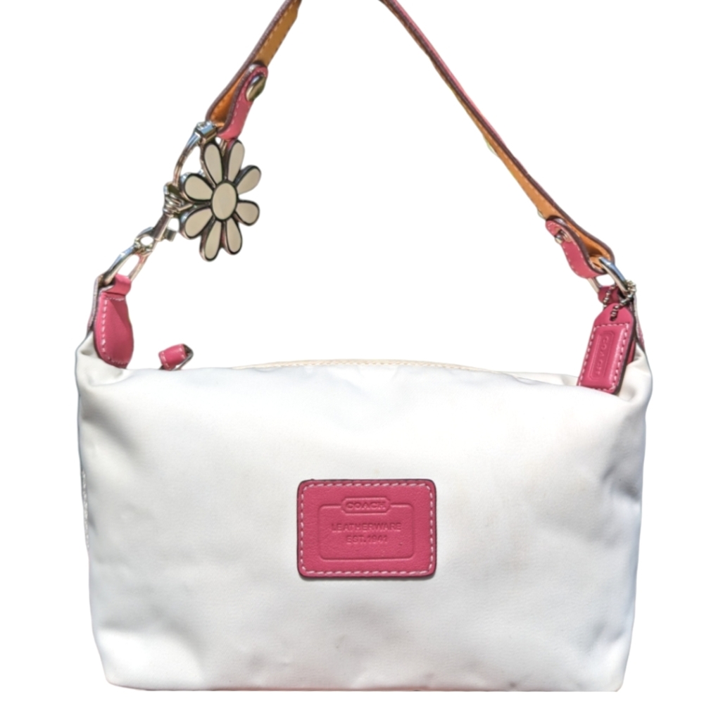 Coach White Nylon Side Stripe Baguette Mini Purse "EST 1941" & Pink Leather Trim